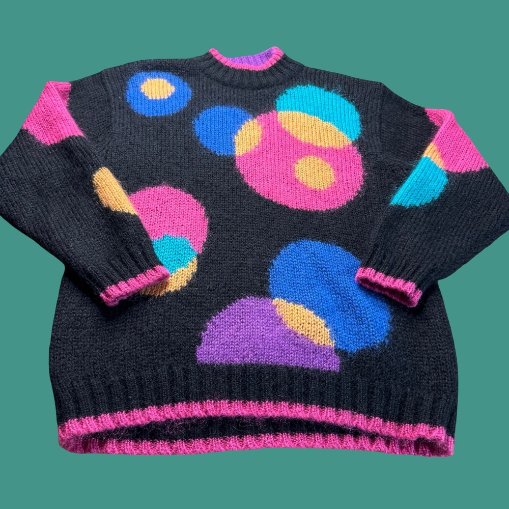 Vintage Sportables Sweater Medium Black Mohair Blend Geometric Pullover